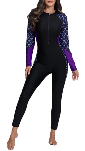 Halcurt Women Full Rash Guard Bathing Suit UPF 50 Long Sleeve Zipper One Piece Swimsuit Purple S - Image 1