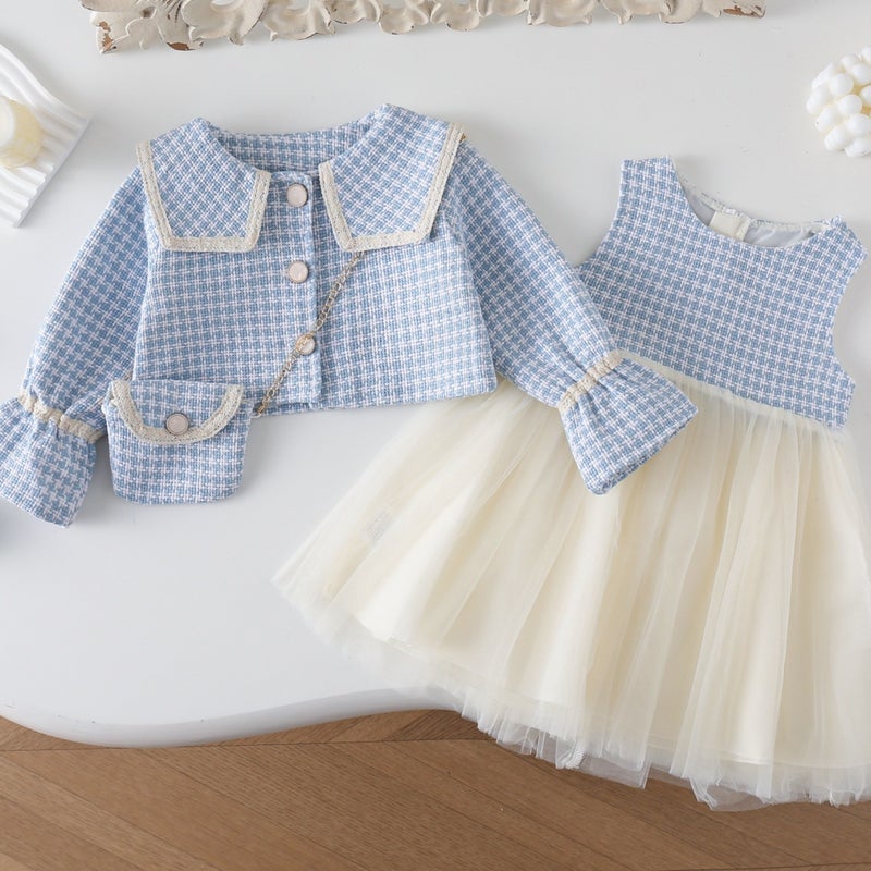 Girls suit Houndstooth Large Lapel Jacket Vest Gauze Skirt Three-piece Set Korean Style Mesh Two-piece dress Blue 