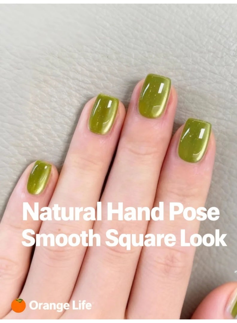Orange Life Press on nails olive green short square glossy fake nails with subtle shimmer designed as reusable glue on nails for women who want a clean modern manicure. This nail set delivers a natural look with rich green tone, balanced shine, and comfortable nail tips that work as an acrylic alternative. Ideal for daily wear nails, office nails, minimalist manicure lovers, salon look at home routines, and elegant seasonal styling with adhesive tabs. - Image 3