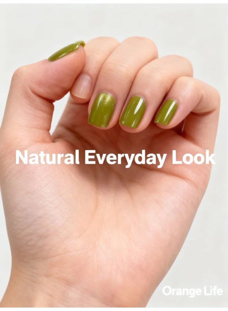 Orange Life Press on nails olive green short square glossy fake nails with subtle shimmer designed as reusable glue on nails for women who want a clean modern manicure. This nail set delivers a natural look with rich green tone, balanced shine, and comfortable nail tips that work as an acrylic alternative. Ideal for daily wear nails, office nails, minimalist manicure lovers, salon look at home routines, and elegant seasonal styling with adhesive tabs. - Image 5