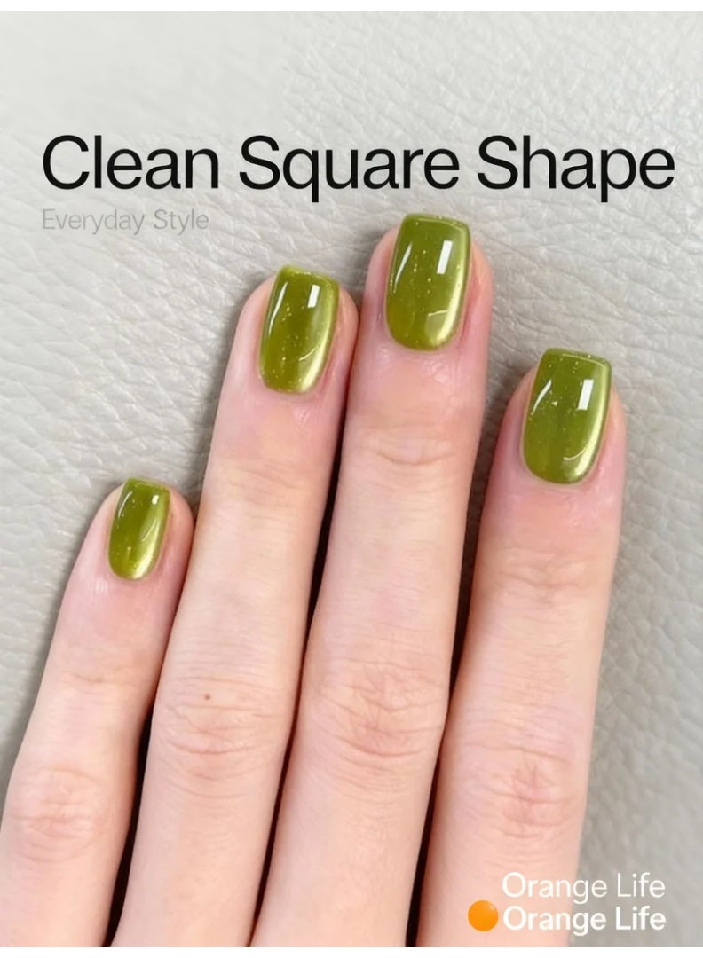 Orange Life Press on nails olive green short square glossy fake nails with subtle shimmer designed as reusable glue on nails for women who want a clean modern manicure. This nail set delivers a natural look with rich green tone, balanced shine, and comfortable nail tips that work as an acrylic alternative. Ideal for daily wear nails, office nails, minimalist manicure lovers, salon look at home routines, and elegant seasonal styling with adhesive tabs. - Image 4