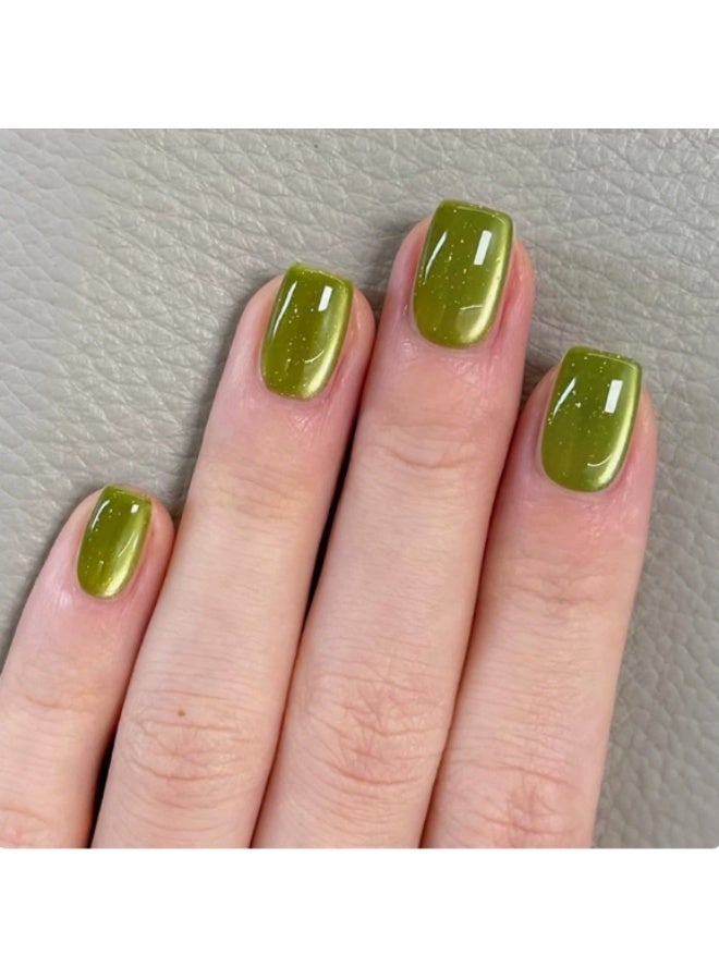 Orange Life Press on nails olive green short square glossy fake nails with subtle shimmer designed as reusable glue on nails for women who want a clean modern manicure. This nail set delivers a natural look with rich green tone, balanced shine, and comfortable nail tips that work as an acrylic alternative. Ideal for daily wear nails, office nails, minimalist manicure lovers, salon look at home routines, and elegant seasonal styling with adhesive tabs. - Image 2