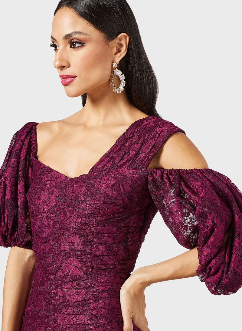 Threadz by Ajooni Cold Shoulder Ruched Balloon Sleeve Dress