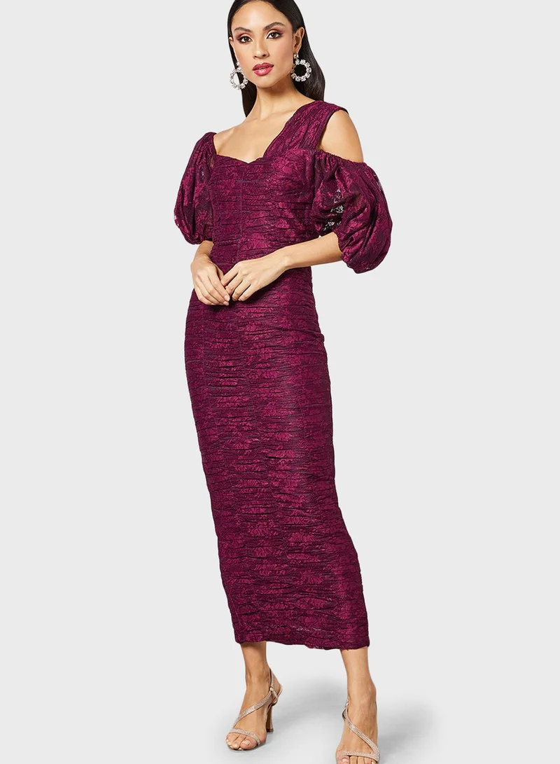 Threadz by Ajooni Cold Shoulder Ruched Balloon Sleeve Dress