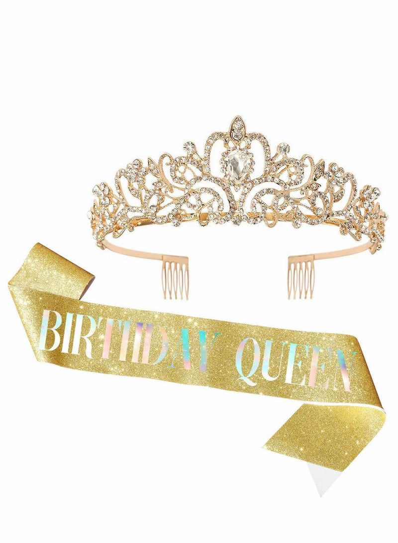 واي آند دي Birthday Crowns, Tiaras and Crown for Women, Tiara Women Queen, Sash Rhinestone Queen with Girl Sash, Princess Tiara, Golden - Image 1