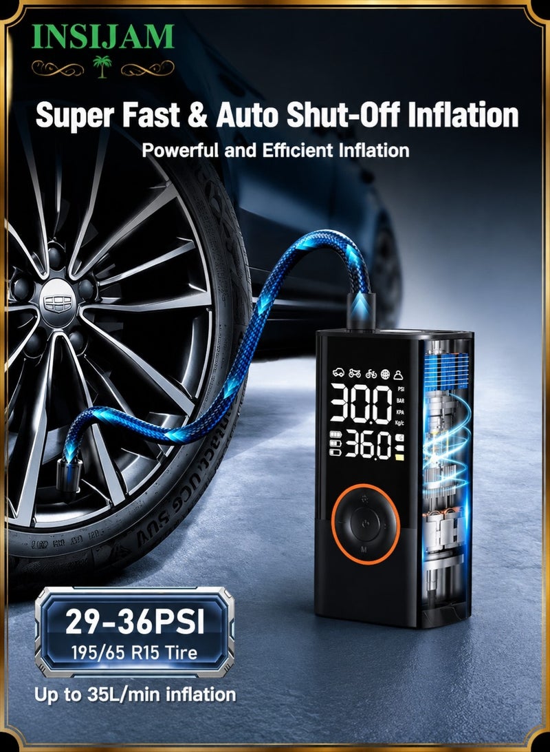 INSIJAM Tyre Inflator Portable Air Compressor 150 PSI Cordless Bike Pump with Pressure Gauge and LED Light Air Pump for Car Motorcycle Bicycle and Balls - Image 3