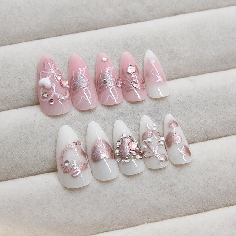 KRTBKR 24Pcs Pink Press on Nails Medium Almond Fake Nails 3D Heart Pearl with Rhinestones Glitter Designs Silver Star Stick on Nails Flower Charm Full Cover Glue on Nails Cute Bow False Nails for Women Girls - Image 3