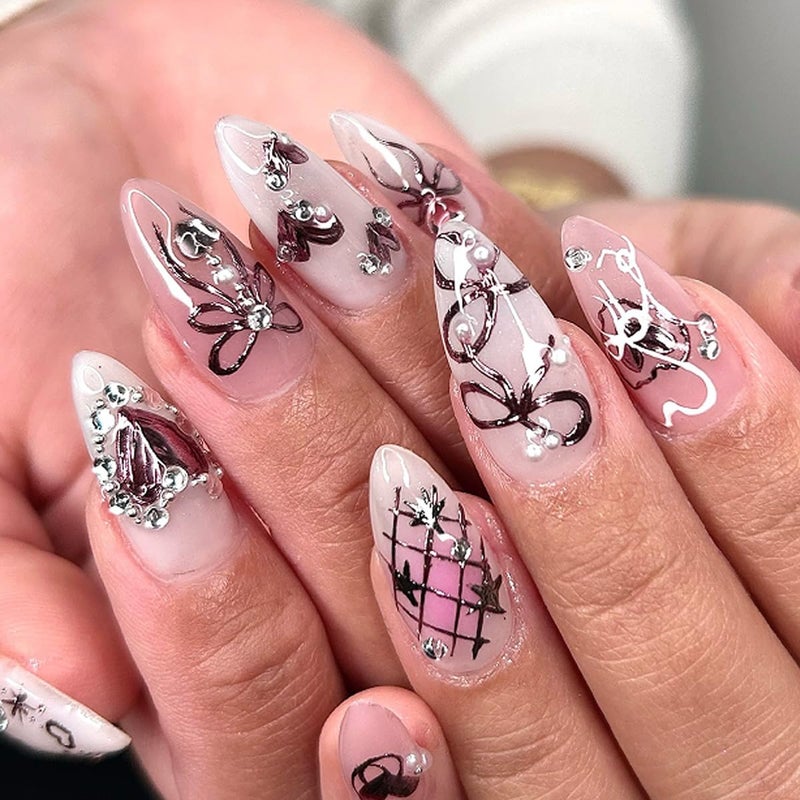 KRTBKR 24Pcs Pink Press on Nails Medium Almond Fake Nails 3D Heart Pearl with Rhinestones Glitter Designs Silver Star Stick on Nails Flower Charm Full Cover Glue on Nails Cute Bow False Nails for Women Girls - Image 4