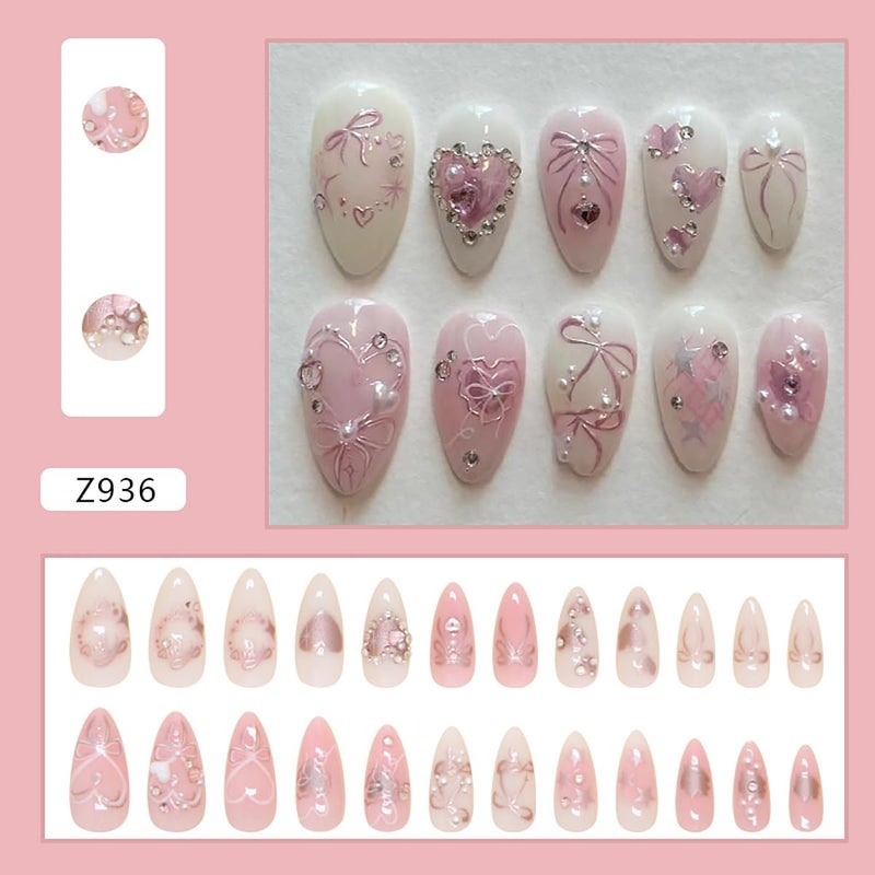 KRTBKR 24Pcs Pink Press on Nails Medium Almond Fake Nails 3D Heart Pearl with Rhinestones Glitter Designs Silver Star Stick on Nails Flower Charm Full Cover Glue on Nails Cute Bow False Nails for Women Girls - Image 2