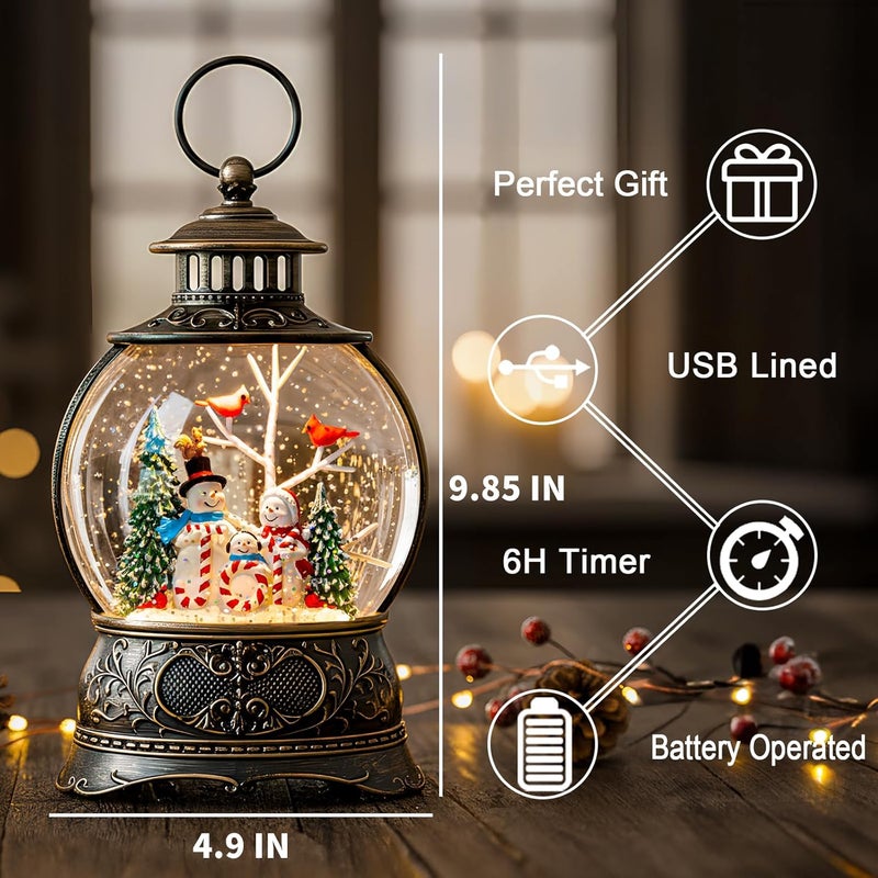 MXwcy Christmas Snow Globe Lighted Snowman Family&Cardinal Scene, Musical Snow Water Lantern Swirling Glittering Home Decoration and Gift, Battery Operated or USB Powered - Image 3