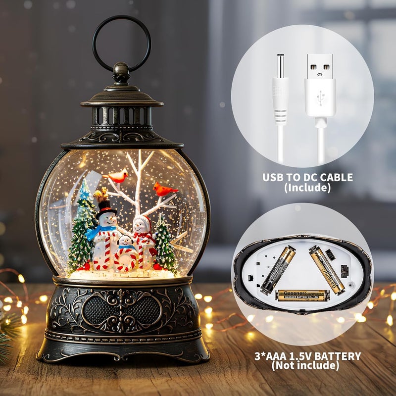 MXwcy Christmas Snow Globe Lighted Snowman Family&Cardinal Scene, Musical Snow Water Lantern Swirling Glittering Home Decoration and Gift, Battery Operated or USB Powered - Image 2
