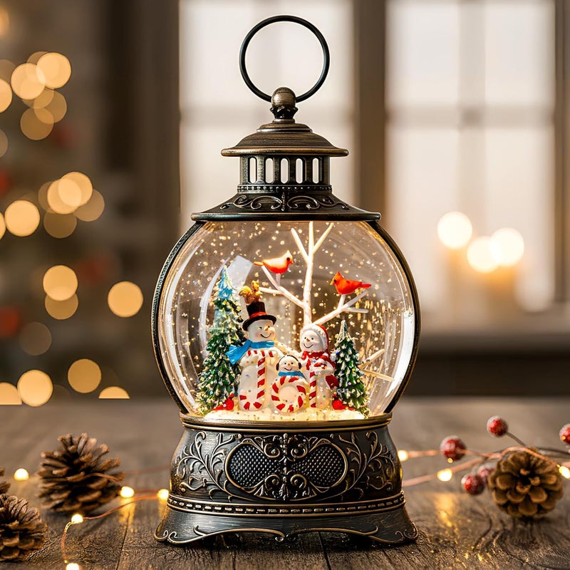 MXwcy Christmas Snow Globe Lighted Snowman Family&Cardinal Scene, Musical Snow Water Lantern Swirling Glittering Home Decoration and Gift, Battery Operated or USB Powered - Image 1