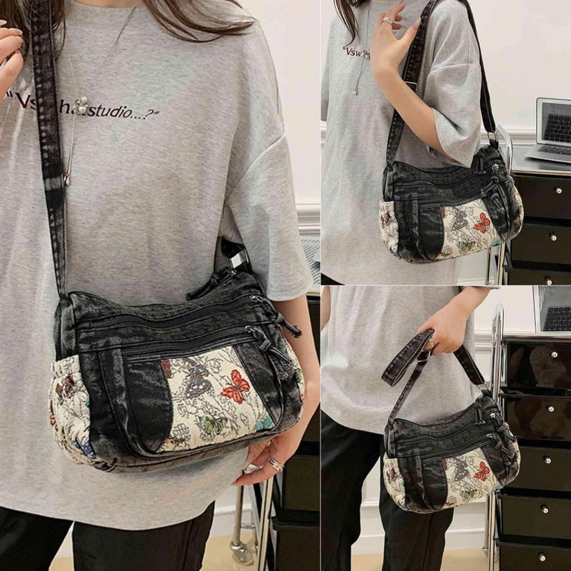 Winatehr Black Denim Purse Crossbody Bags, Boho Hobo Crossbody Bags for Women, Casual Hippie Travel Butterfly Purse, Pocket Books Purse with Lots of Pockets, Cute Everyday Trendy Ladies Purse - Image 2