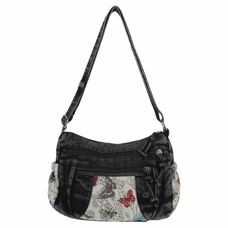 Winatehr Black Denim Purse Crossbody Bags, Boho Hobo Crossbody Bags for Women, Casual Hippie Travel Butterfly Purse, Pocket Books Purse with Lots of Pockets, Cute Everyday Trendy Ladies Purse - Image 1