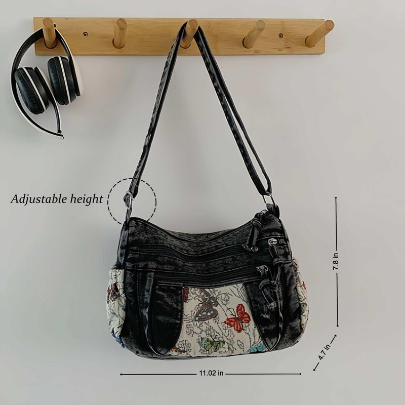 Winatehr Black Denim Purse Crossbody Bags, Boho Hobo Crossbody Bags for Women, Casual Hippie Travel Butterfly Purse, Pocket Books Purse with Lots of Pockets, Cute Everyday Trendy Ladies Purse - Image 4