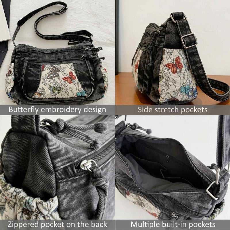Winatehr Black Denim Purse Crossbody Bags, Boho Hobo Crossbody Bags for Women, Casual Hippie Travel Butterfly Purse, Pocket Books Purse with Lots of Pockets, Cute Everyday Trendy Ladies Purse - Image 5