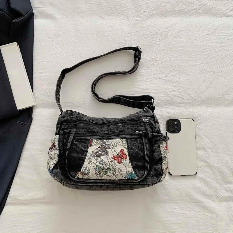 Winatehr Black Denim Purse Crossbody Bags, Boho Hobo Crossbody Bags for Women, Casual Hippie Travel Butterfly Purse, Pocket Books Purse with Lots of Pockets, Cute Everyday Trendy Ladies Purse - Image 3