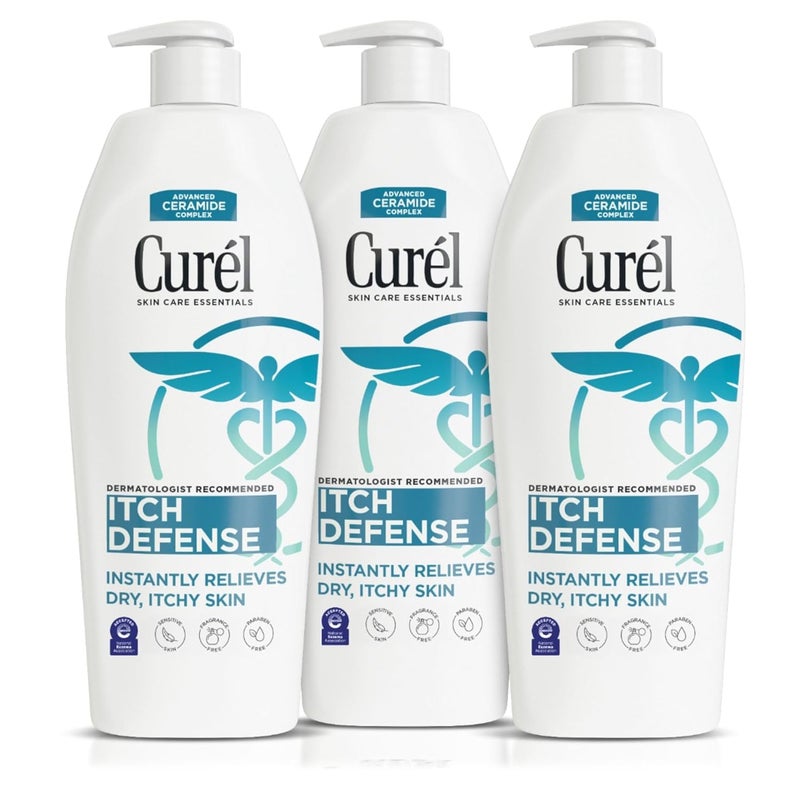Curel Itch Defense Calming Body Lotion Moisturizer for Dry Itchy Skin Body and Hand Lotion with Advanced Ceramide Complex ProVitamin B5 Shea Butter 13 Oz Pack of 3