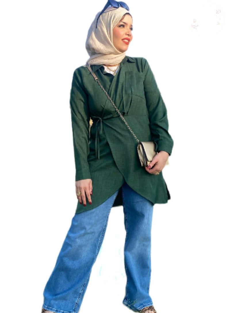 سِتر بلوزه كتان صيفي - اخضر غامق - Image 1