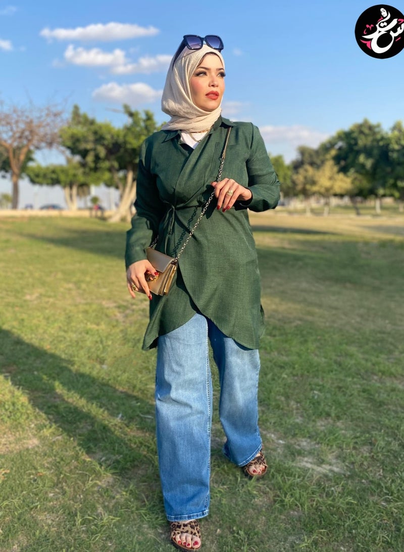 سِتر بلوزه كتان صيفي - اخضر غامق - Image 2