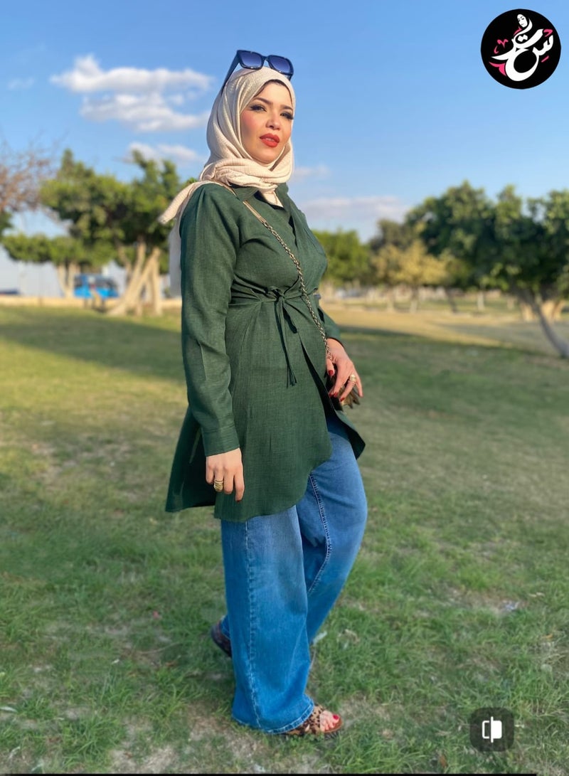 سِتر بلوزه كتان صيفي - اخضر غامق - Image 3