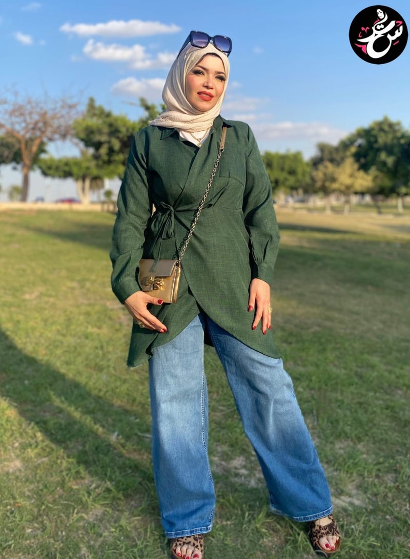 سِتر بلوزه كتان صيفي - اخضر غامق - Image 4