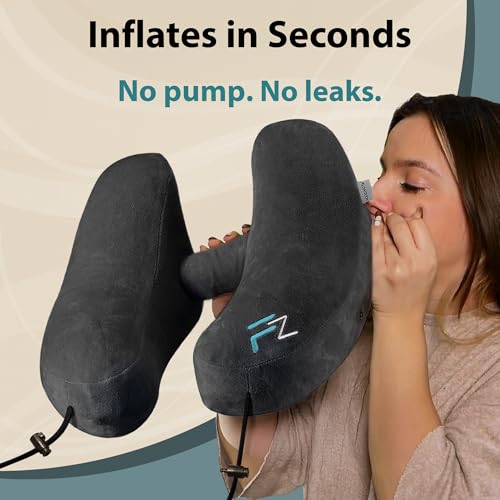 FLOWZOOM Air Inflatable Neck Pillow for Traveling on Plane - H-Shape Hooded Airplane Pillow with 5 Snooze Modes, Fast Inflation, Pressure Control, Cozy Clip-On Hood & Plushy Cover - Size L, Jet Black - Image 2