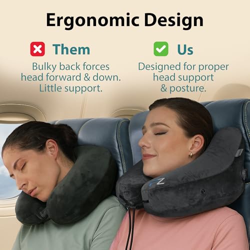 FLOWZOOM Air Inflatable Neck Pillow for Traveling on Plane - H-Shape Hooded Airplane Pillow with 5 Snooze Modes, Fast Inflation, Pressure Control, Cozy Clip-On Hood & Plushy Cover - Size L, Jet Black - Image 4