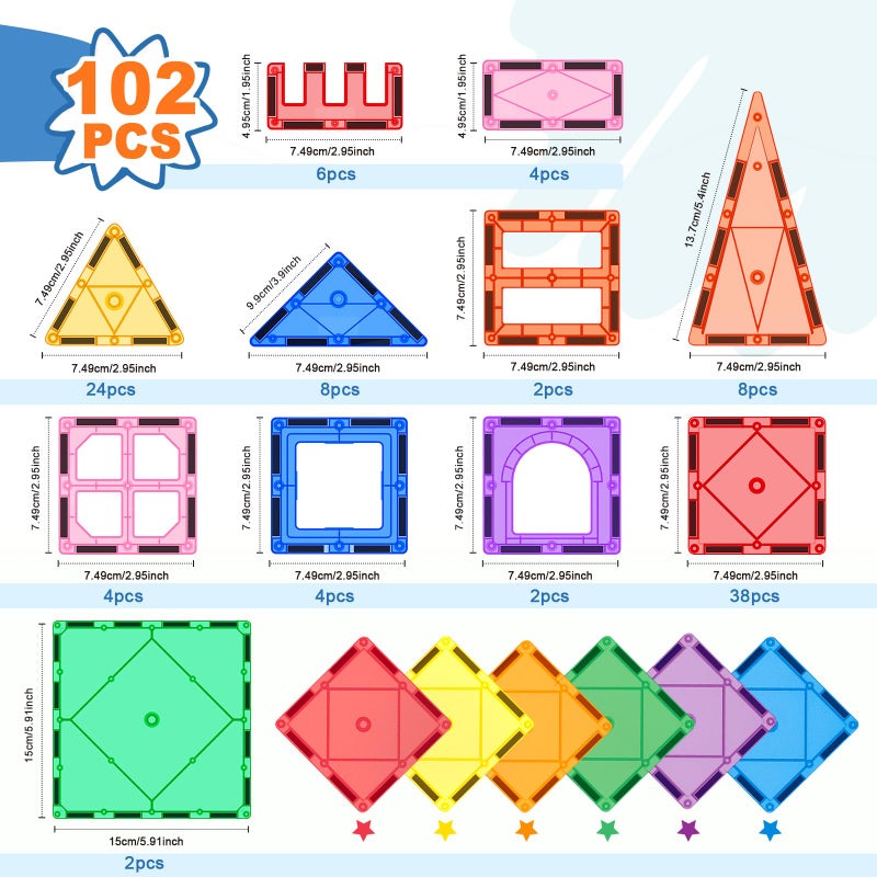 Soyee 102PCS Magnetic Tiles Building Blocks Stem Toys for 3 Year Old Boys Girls Montessori Toys Toddler Kids Gifts Parents Approved Sensory Toys - Image 3