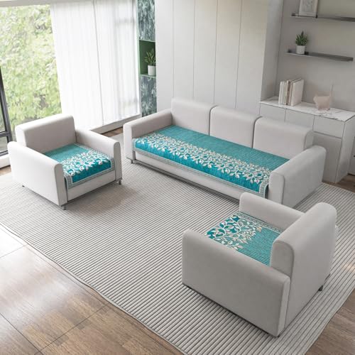 Nendle Refined Velvet Floral Sofa Mat 5 Seater Set Cover Elegant and Durable Protector for Living Room Sofa Set 3+1+1, Suitable for Wooden, Leather, Other Fabric Sofa Set (Color Aqua, Pack of 3) - Image 1