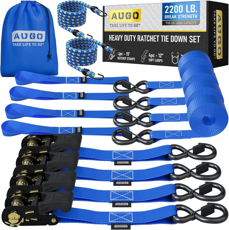 AUGO Ratchet Straps Heavy Duty 4 Pack -15 FT - 2200 LB Break Strength – with Safety Lock S Hooks - Cargo Straps for Moving, Appliances, Motorcycle – Soft Loop Tie Down Straps - Image 1
