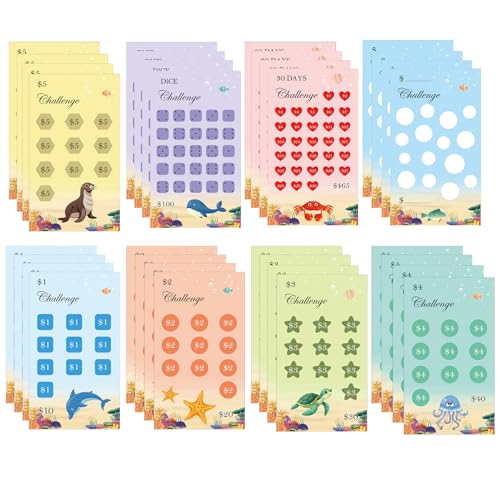 SMARSTICKER 32 Pcs Savings Challenge Trackers Money Saving Wallet Budget Savings Cards for Cash Envelope - 5.9 x 3.4 Inch Money Organizer Book Budgets Savings Challenges Planner - Image 1
