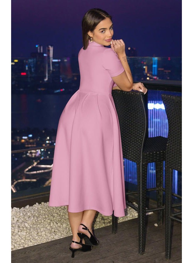 Memoriesea Women's Elegant Casual Short Sleeve Work Party A-Line Dress with Pockets, Pink, XL - Image 3