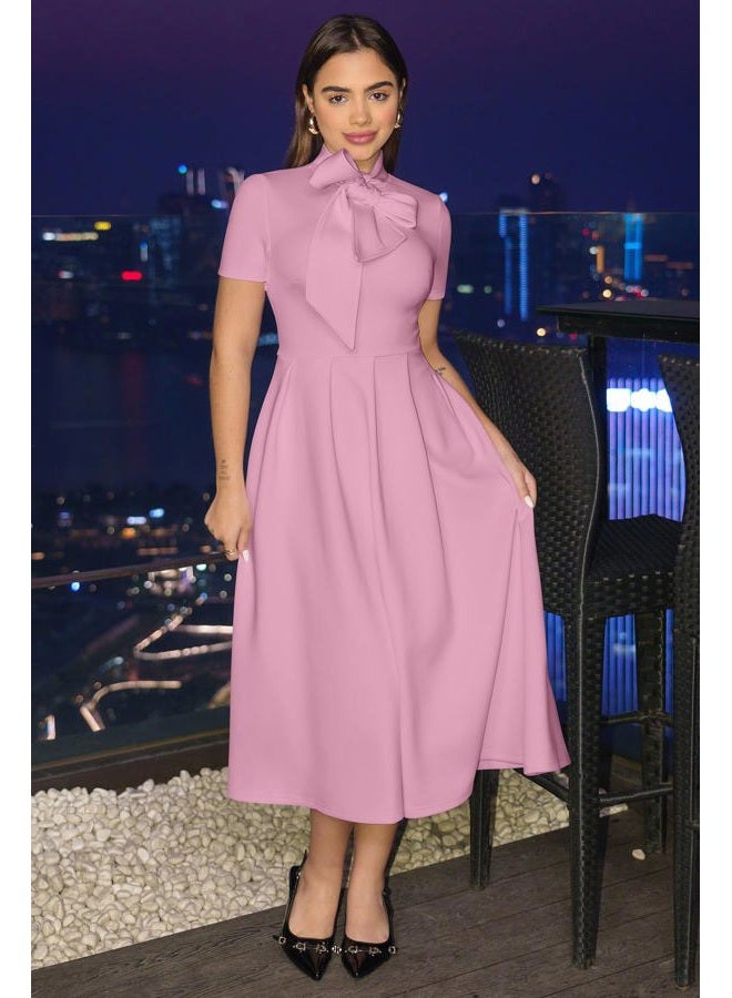 Memoriesea Women's Elegant Casual Short Sleeve Work Party A-Line Dress with Pockets, Pink, XL - Image 2