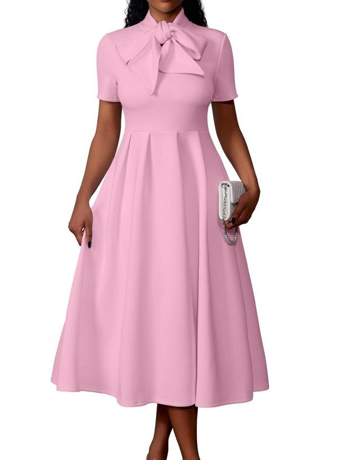 Memoriesea Women's Elegant Casual Short Sleeve Work Party A-Line Dress with Pockets, Pink, XL - Image 1