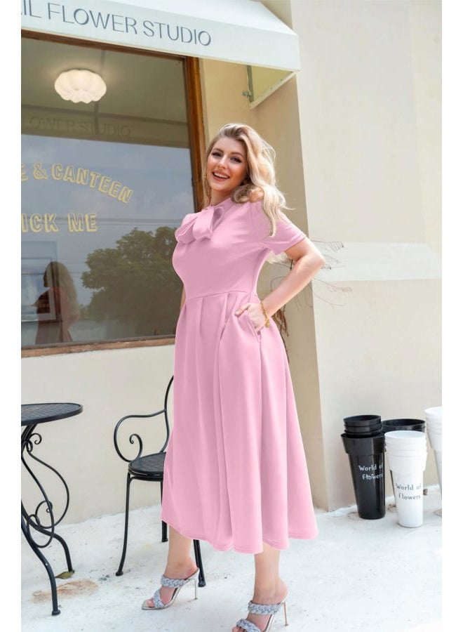 Memoriesea Women's Elegant Casual Short Sleeve Work Party A-Line Dress with Pockets, Pink, XL - Image 4