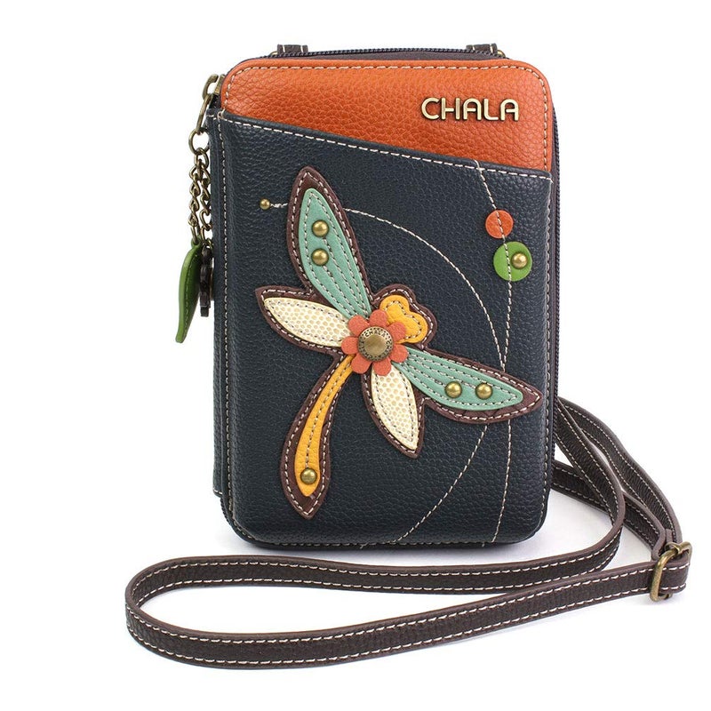 CHALA Wallet Crossbody Cell Phone Purse Women Faux Leather Multicolor Handbag with Adjustable Strap Dragonfly navy