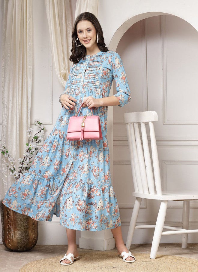 Indibelle Women Floral Printed A-Line Cotton Maxi Dress - Image 1