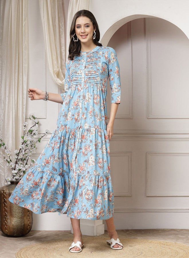 Indibelle Women Floral Printed A-Line Cotton Maxi Dress - Image 5