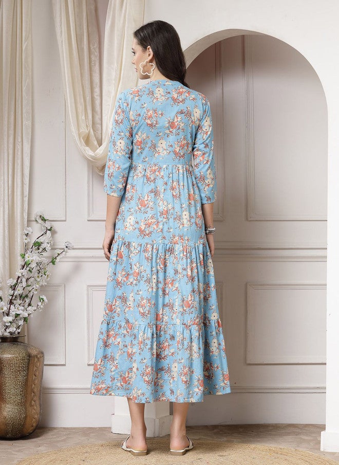 Indibelle Women Floral Printed A-Line Cotton Maxi Dress - Image 4