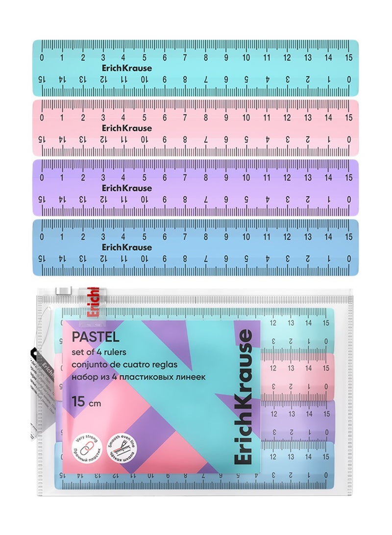 ErichKrause 4-Piece Plastic Rulers 15cm Length Assorted Pastel Colours - Image 1