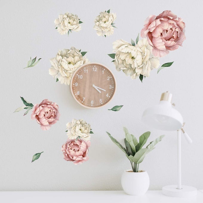 PEONY WATERCOLOR WALL DECALS VINTAGE PINK WATERCOLOR BOTANICAL DECOR STICKER FLOWERS FLORAL BEDROOM DECALS FOR GIRLS ROOM SOFT FLOWER PEONIES WALL DECOR BEDROOM WITH TEST SAMPLE