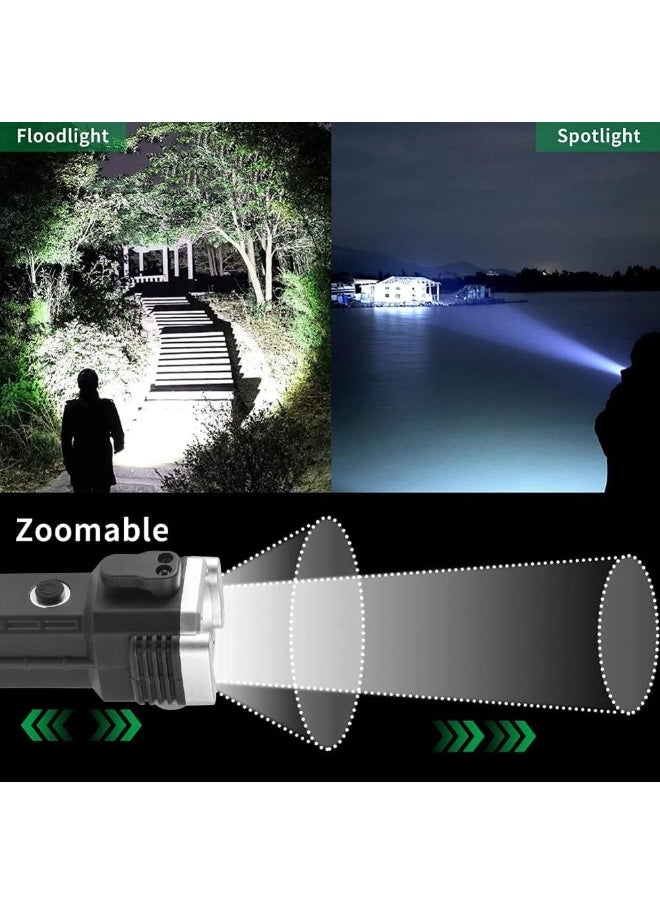 LED Rechargeable Flashlight – High Lumens Waterproof Torch with Broken Window Hammer, 3 Lighting Modes & Magnetic Base for Outdoor, Car Use