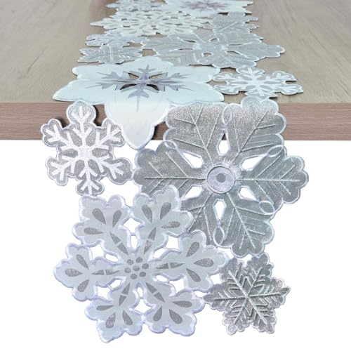 Grelucgo Machine Embroidered and Hand Cut Silver Grey and White Snowflakes Table Runner for Christmas Holiday 135 x 90 inches - Image 1