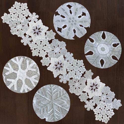 Grelucgo Machine Embroidered and Hand Cut Silver Grey and White Snowflakes Table Runner for Christmas Holiday 135 x 90 inches - Image 3
