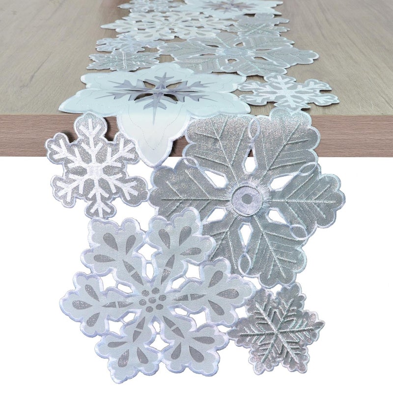 Grelucgo Machine Embroidered and Hand Cut Silver Grey and White Snowflakes Table Runner for Christmas Holiday 135 x 90 inches - Image 2