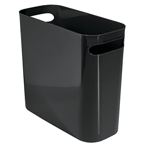 mDesign Plastic Small Trash Can, 1.5 Gallon/5.7-Liter Wastebasket, Narrow Garbage Bin with Handles for Bathroom, Laundry, Home Office - Holds Waste, Recycling, 10" High, Aura Collection, Black - Image 2