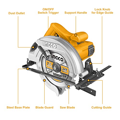 INGCO Circular Saw, 1400W | 4800rpm Electric Saw, Adjustable Cutting Depth/Bevel Cutting Corded Saw with 185mm Blade for Home Decoration or Woodworking - Image 2