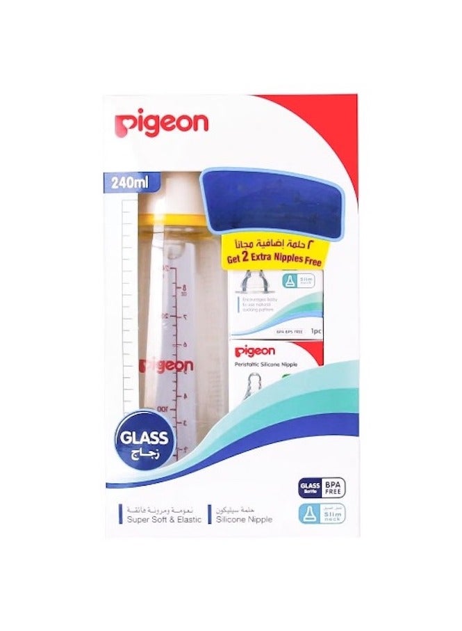 Pigeon Glass Peristaltic Nipple Feeding Bottle - 240ml (2 Extra Feeding Spouts) Assorted