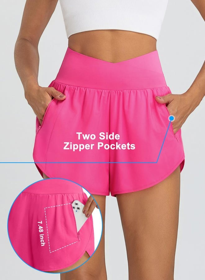 BMJL Women's Running Shorts Elastic High Waisted with Pockets， Sporty Athletic Quick Dry Workout Shorts, Hot Pink003, L - Image 5